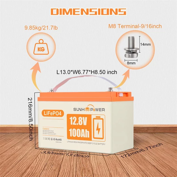 SUNHOOPOWER 12V 100Ah LiFePO4 akkumulátor, 1280Wh kapacitás, beépített 100A BMS, IP68 vízálló, nagy teljesítményű energiatároló