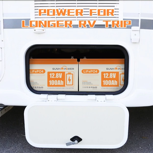 SUNHOOPOWER 12V 100Ah LiFePO4 akkumulátor, 1280Wh kapacitás, beépített 100A BMS, IP68 vízálló, nagy teljesítményű energiatároló