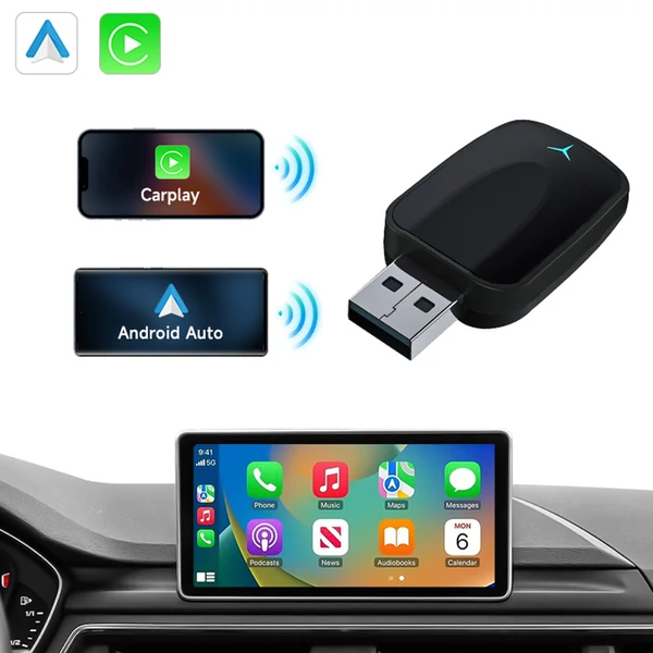 AB051E vezeték nélküli CarPlay adapter – Plug & Play Android Auto Box, osztott képernyő, hangvezérlés, Bluetooth 5.2 és WiFi 4 támogatással