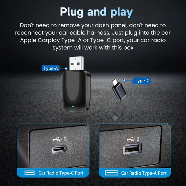 AB051E vezeték nélküli CarPlay adapter – Plug & Play Android Auto Box, osztott képernyő, hangvezérlés, Bluetooth 5.2 és WiFi 4 támogatással