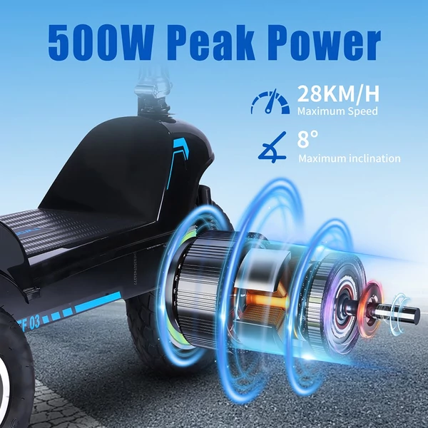 TWOFISH TF03 elektromos roller levehető üléssel, 350W motorral, 48V 15Ah akkuval, 28 km/h, 30 km hatótáv, tárcsafék, rugós első felfüggesztés - kék 