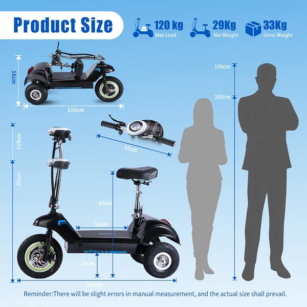 TWOFISH TF03 elektromos roller levehető üléssel, 350W motorral, 48V 15Ah akkuval, 28 km/h, 30 km hatótáv, tárcsafék, rugós első felfüggesztés - kék 