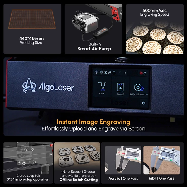 AlgoLaser Delta 22W lézergravírozó, intelligens légpumpa, 500mm/s sebesség, 440x415mm munkaterület