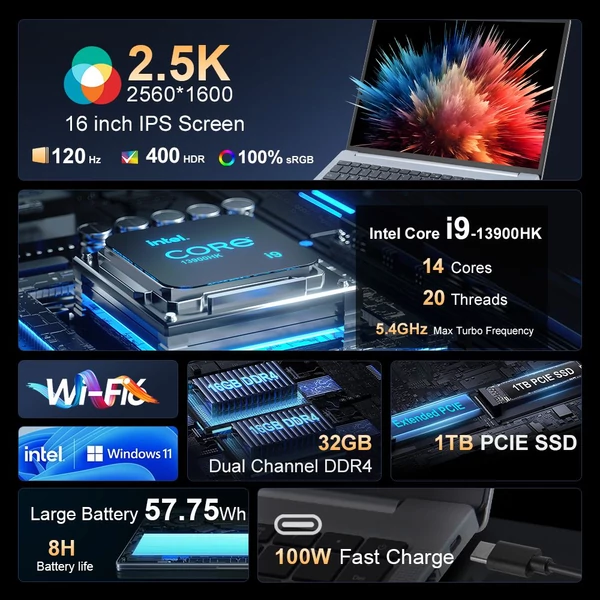 Ninkear N16 Pro laptop – 16" 2.5K IPS 120Hz kijelző, Intel Core i9, 32GB RAM, 1TB SSD, fém ház, ujjlenyomat‑olvasó, WiFi 6