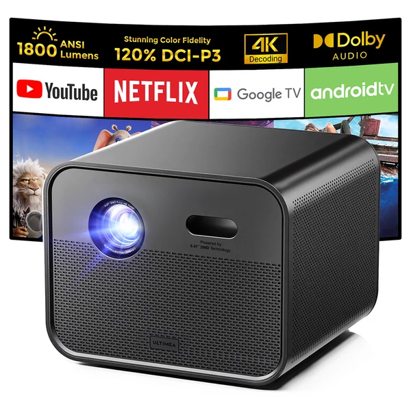 Ultimea Poseidon E100 Projektor 1800 ANSI | Natív 1080P/4K | Autofókusz + 6D Keystone | Aktív 3D | Google TV | 2x10W hangszóró