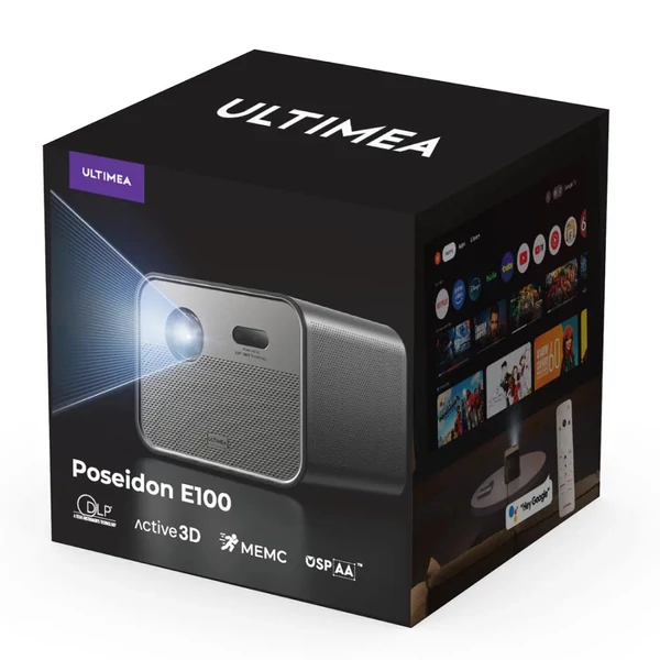 Ultimea Poseidon E100 Projektor 1800 ANSI | Natív 1080P/4K | Autofókusz + 6D Keystone | Aktív 3D | Google TV | 2x10W hangszóró