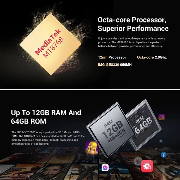 FOSSiBOT F105 strapabíró okostelefon, 6.7" HD+ kijelző, 10300mAh, 4GB+64GB, Android 14, 4G, IP68, Face ID, GPS