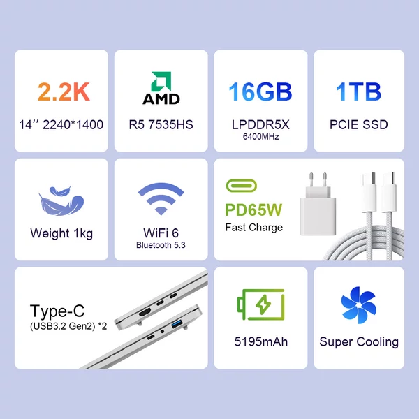 Ninkear S14 laptop 14" 2.2K kijelzővel, Ryzen 7 7535HS, 16GB RAM, 1TB SSD, WiFi6, BT5.3, HDMI, LAN, Type-C, 5195mAh akkumulátor
