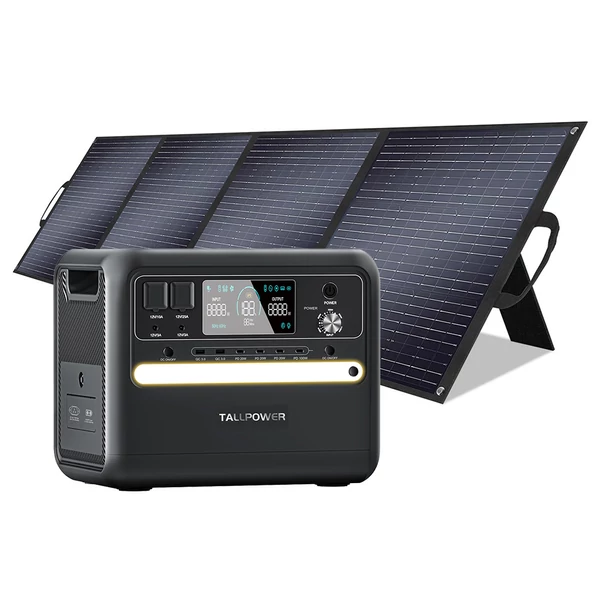 TALLPOWER V2400 hordozható erőmű + TP200 200W összecsukható napelem, 2160Wh LiFePO4 generátor, 2400W AC kimenet, PD 100W, UPS, LED, 13 port