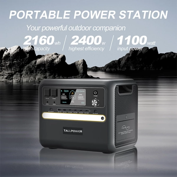 TALLPOWER V2400 hordozható erőmű + TP400 400W napelem, 2160Wh LiFePO4 generátor, 2400W AC kimenet, PD 100W, UPS, LED, 13 aljzat
