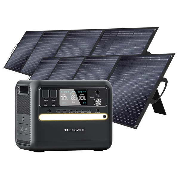 TALLPOWER V2400 hordozható erőmű + 2×200W napelemtábla, 2160Wh LiFePO4 generátor, 2400W AC, PD100W, UPS, LED, 13 kimenet