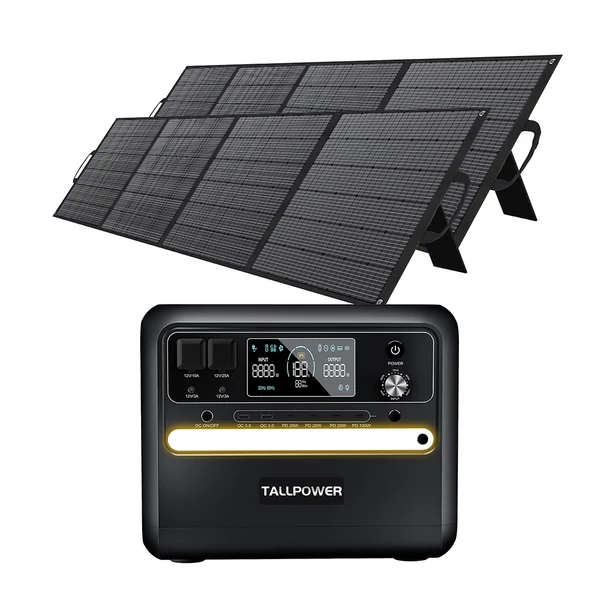 TALLPOWER V2400 hordozható erőmű + 2x400W napelem, 2160Wh LiFePO4 generátor, 2400W AC teljesítmény, PD 100W, UPS, LED, 13 kimenet
