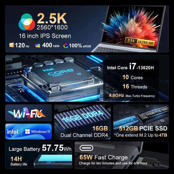 Ninkear N16 Pro laptop, 16" 2.5K IPS 120Hz kijelző, Intel Core i7-13620H, 16GB RAM, 512GB SSD, fém ház, WiFi 6, Bluetooth 5.0, Type-C