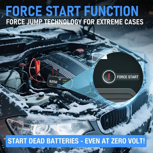 JFEGWO F40-6250A 3400A autó indító, 16000mAh akkumulátor booster, 15W USB-C gyorstöltés, LED lámpa, IP54 vízálló, benzin 10L/dízel 6.5L-ig