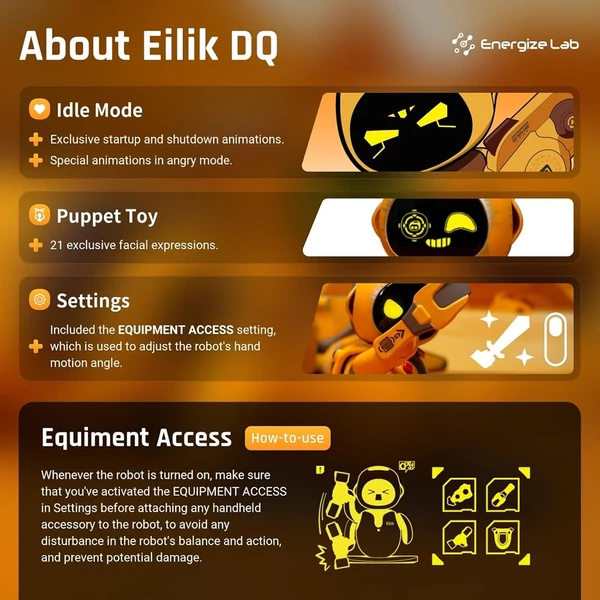 Energize Lab Eilik interaktív társ robot, érintésre reagáló, érzelemgazdag, WiFi nélkül, frissíthető szoftverrel és vidám mozdulatokkal - Narancs