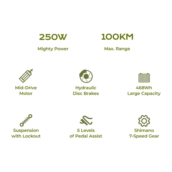 Eleglide C2 elektromos kerékpár, 250W középmotor, 36V 13Ah akkumulátor, 26” gumi, 25 km/h, 100 km hatótáv, Shimano 7 sebesség