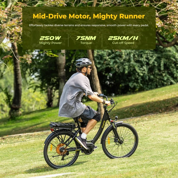 Eleglide C2 elektromos kerékpár, 250W középmotor, 36V 13Ah akkumulátor, 26” gumi, 25 km/h, 100 km hatótáv, Shimano 7 sebesség