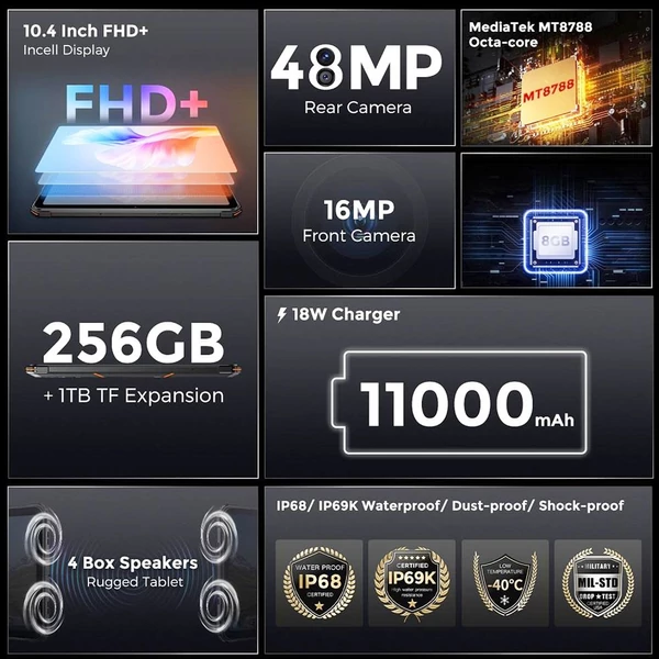 FOSSiBOT DT1 strapabíró tablet – Android 13, 10.4" 2K kijelző, 8+256GB, 4G Dual SIM, IP68 víz- és porálló, 11000mAh gyorstöltés - narancs