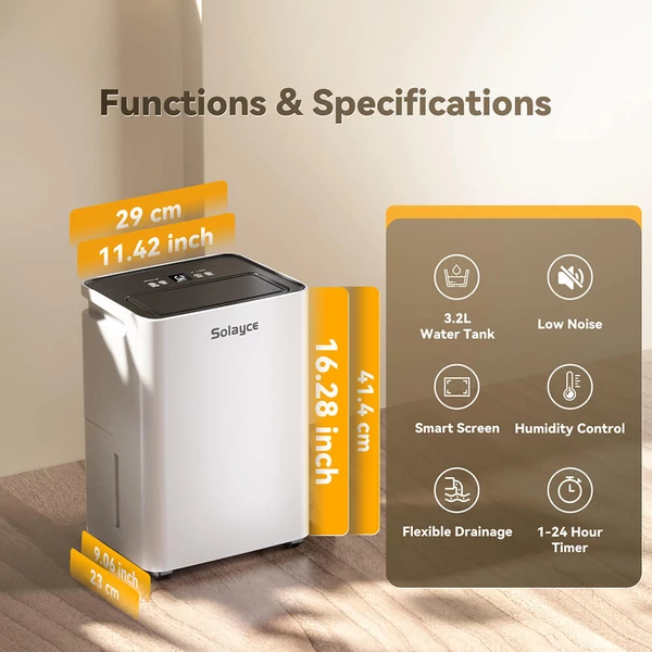 Solayce PD16R-02EE páramentesítő 16L/nap, 3,2L víztartály, digitális kijelző, 50㎡ lefedettség, ideális hálóba, pincébe, garázsba, mosáshoz