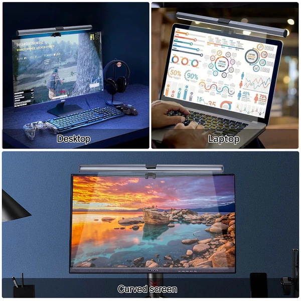 Monitor lámpa LED fénycsíkkal – 3 fény mód, 10 fényerő, USB, érintésvezérlés, ívelt és sík képernyőkhöz, szemkímélő olvasófény