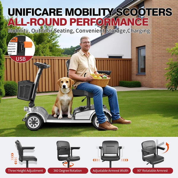 Unificare Mate négykerekű elektromos robogó időseknek, 250W motor, 35 km hatótáv, 190 kg teherbírás - ezüst szín
