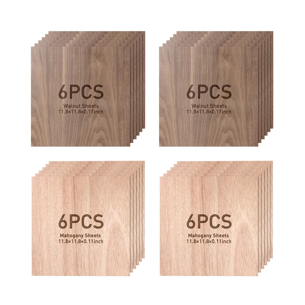 Mecpow: 12× mahagóni + 12× diófa lap, 300×300×3 mm faanyag készlet barkácshoz