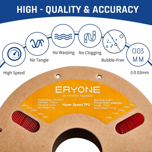 3kg ERYONE nagy sebességű TPU nyomtatószál (1kg átlátszó piros + 1kg átlátszó kék + 1kg fehér)