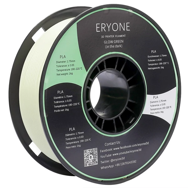 ERYONE 1.75mm világító PLA 3D nyomtató filament, 1kg, fénylő hatású szál - zöld 