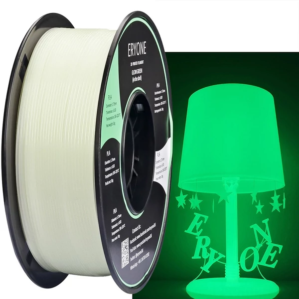 ERYONE 1.75mm világító PLA 3D nyomtató filament, 1kg, fénylő hatású szál - zöld 