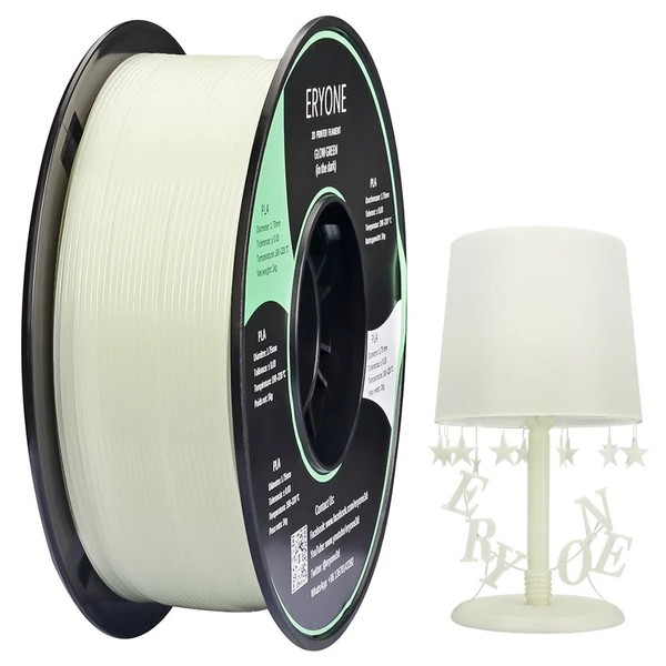 ERYONE 1.75mm világító PLA 3D nyomtató filament, 1kg, fénylő hatású szál - zöld 