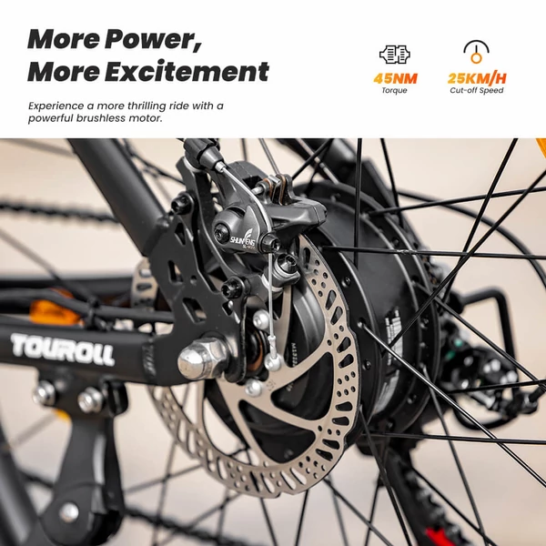 Touroll U1 26” elektromos MTB terepkerékpár, 250W motorral, 36V 13Ah kivehető akkumulátorral, 65 km hatótávval, Shimano 21 sebességgel - fekete