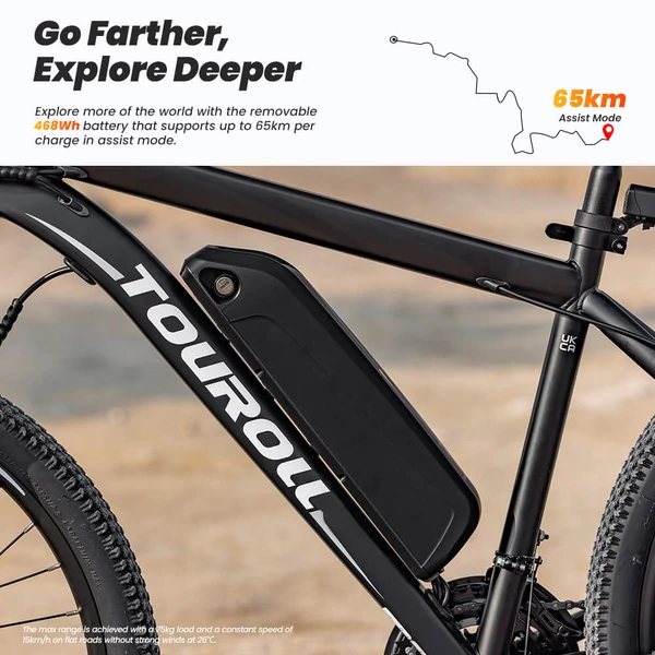 Touroll U1 26” elektromos MTB terepkerékpár, 250W motorral, 36V 13Ah kivehető akkumulátorral, 65 km hatótávval, Shimano 21 sebességgel - fekete