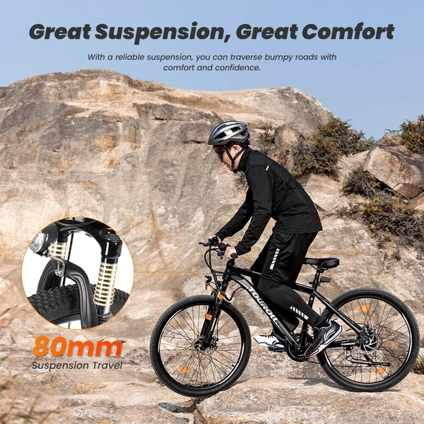Touroll U1 26” elektromos MTB terepkerékpár, 250W motorral, 36V 13Ah kivehető akkumulátorral, 65 km hatótávval, Shimano 21 sebességgel - fekete