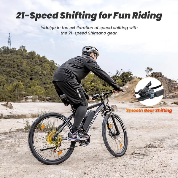 Touroll U1 26” elektromos MTB terepkerékpár, 250W motorral, 36V 13Ah kivehető akkumulátorral, 65 km hatótávval, Shimano 21 sebességgel - fekete