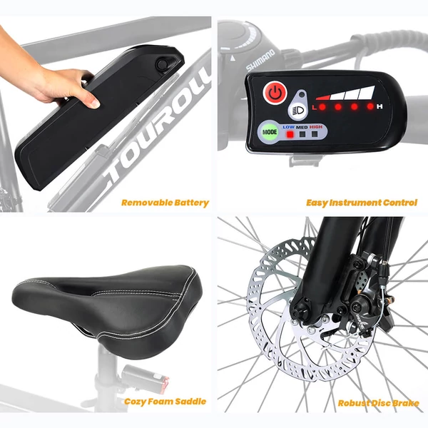 Touroll U1 26” elektromos MTB terepkerékpár, 250W motorral, 36V 13Ah kivehető akkumulátorral, 65 km hatótávval, Shimano 21 sebességgel - fekete