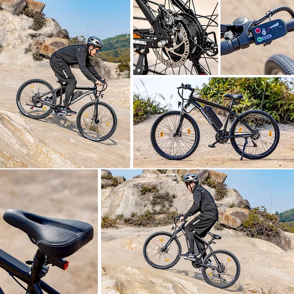 Touroll U1 26” elektromos MTB terepkerékpár, 250W motorral, 36V 13Ah kivehető akkumulátorral, 65 km hatótávval, Shimano 21 sebességgel - fekete