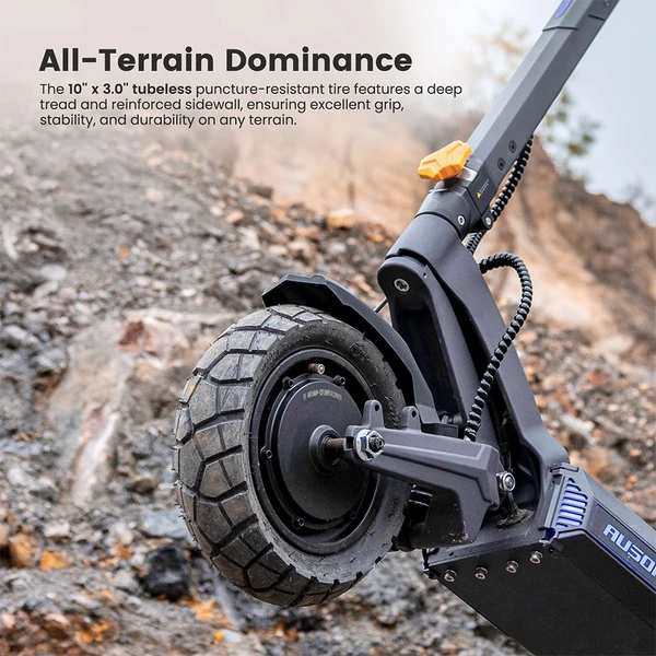 Ausom DT2 Pro elektromos roller, 2×1100W motorral, 52V 23.4Ah akkumulátorral, 68 km/h sebesség, 115 km hatótáv, hidraulikus fékek, lengőkar felfüggesztés