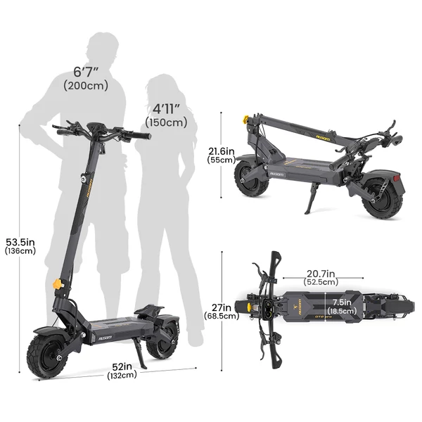 Ausom DT2 Pro elektromos roller, 2×1100W motorral, 52V 23.4Ah akkumulátorral, 68 km/h sebesség, 115 km hatótáv, hidraulikus fékek, lengőkar felfüggesztés