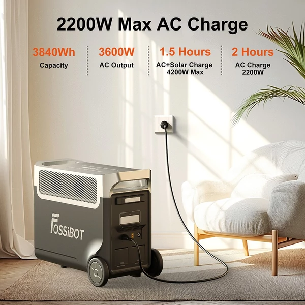 FOSSiBOT F3600 Pro hordozható erőmű, 3840Wh LiFePO4 akkumulátor, 3600W kimenet, 2000W napelem-töltés, UPS, APP vezérlés