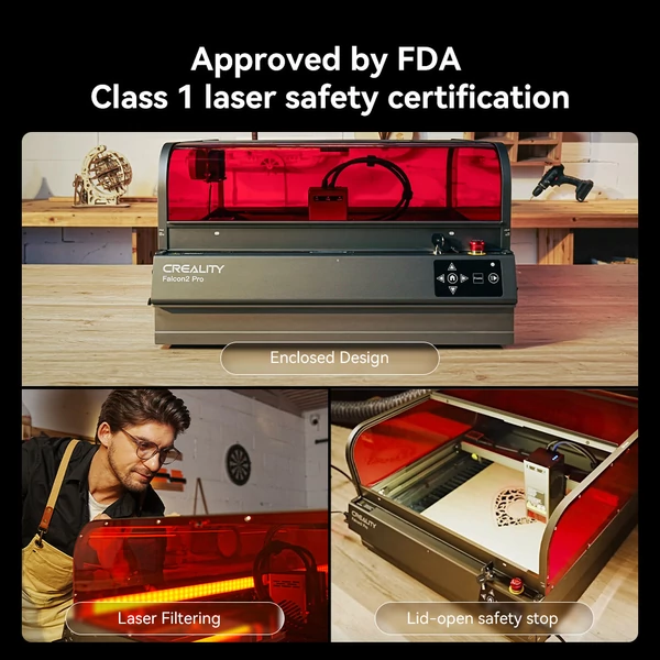 Creality Falcon2 Pro 60W lézergravírozó 1.6W modul, zárt burkolat, kamera, levegőrásegítés, 400x400 mm munkaterület