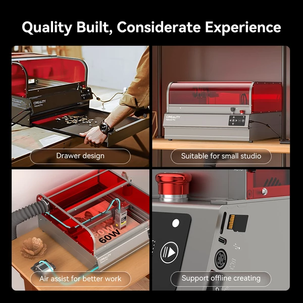 Creality Falcon2 Pro 60W lézergravírozó 1.6W modul, zárt burkolat, kamera, levegőrásegítés, 400x400 mm munkaterület