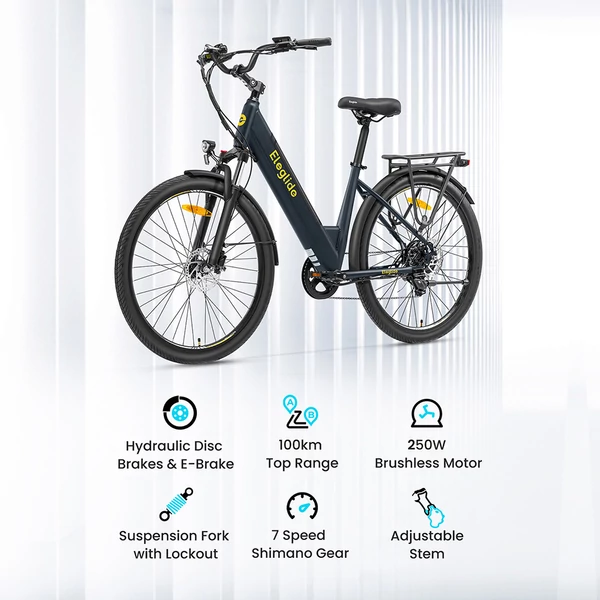 Eleglide T2 elektromos kerékpár, 250W motor, 36V 13Ah akkumulátor, 100 km hatótáv, 25 km/h sebesség, hidraulikus fék, Shimano 7 fokozat