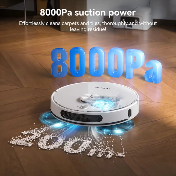 Tesvor S8 Max robotporszívó 3 az 1-ben: porszívóz, söpör és felmos, 8000Pa erős szívóerő, LiDAR navigáció, önürítő 2.5L portartály, app vezérlés