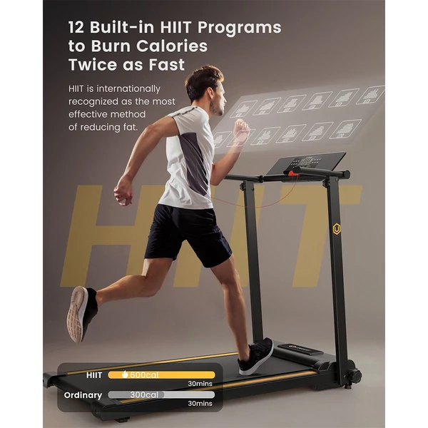 UREVO URTM006 összecsukható mini futópad, 10 km/h sebesség, 105×40 cm felület, 100 kg teherbírás, 12 HIIT program