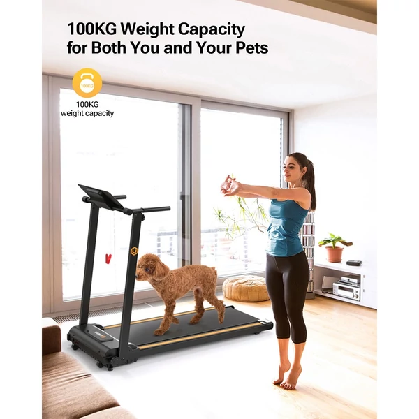 UREVO URTM006 összecsukható mini futópad, 10 km/h sebesség, 105×40 cm felület, 100 kg teherbírás, 12 HIIT program