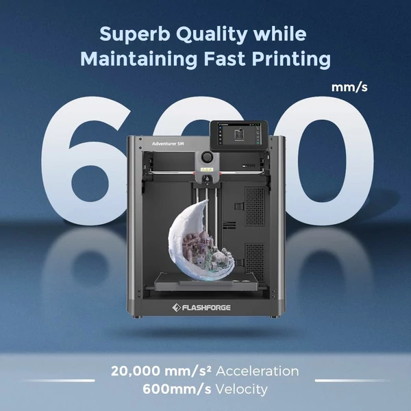 Flashforge Adventurer 5M 3D nyomtató – automatikus szintezés, 600 mm/s sebesség, WiFi, filament érzékelő, áramszünet-védelem, 220×220×220 mm
