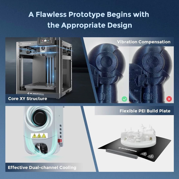 Flashforge Adventurer 5M 3D nyomtató – automatikus szintezés, 600 mm/s sebesség, WiFi, filament érzékelő, áramszünet-védelem, 220×220×220 mm