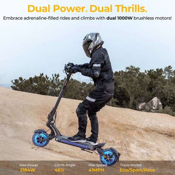 Ausom SR1 elektromos roller, 2×1000W motor, 52V 20,8Ah akkumulátor, 65 km/h, 95 km hatótáv, hidraulikus fék, lengőkaros felfüggesztés