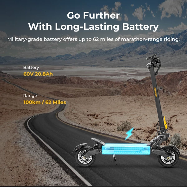 Ausom F1 Max elektromos roller, 2×1400W motorral, 60V 20.8Ah akkumulátorral, 72 km/h sebesség, 100 km hatótáv, hidraulikus fékek, NFC & kódzár