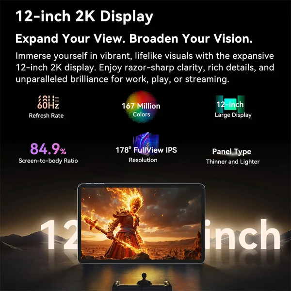 Blackview MEGA 2 Android 15 tablet, 12 hüvelykes 2K kijelző, 8 magos T615, 12GB RAM, 256GB tárhely, 9000mAh, 16MP kamera, Dual 4G, WiFi, GPS